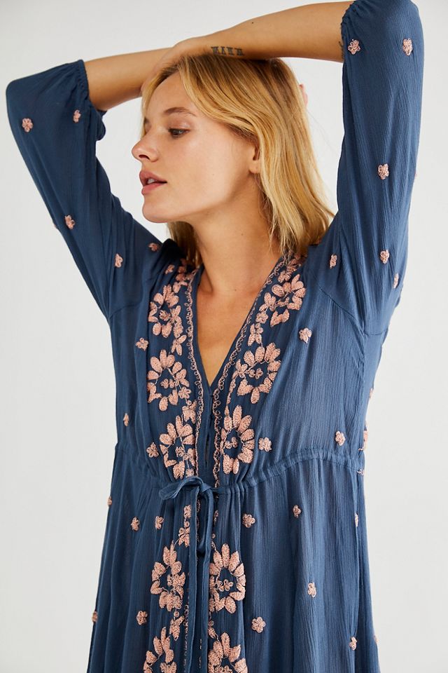 green emerald velvet dress GC Free People Embroidered Fable Midi Dress (MEDIUM) – spellandsage