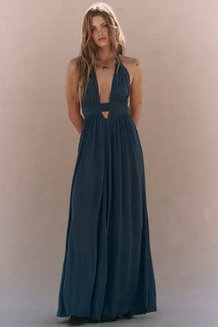 Look Into the Sun Plunge Neck Maxi Dress by free-est at Free People in Blue, Size: XS