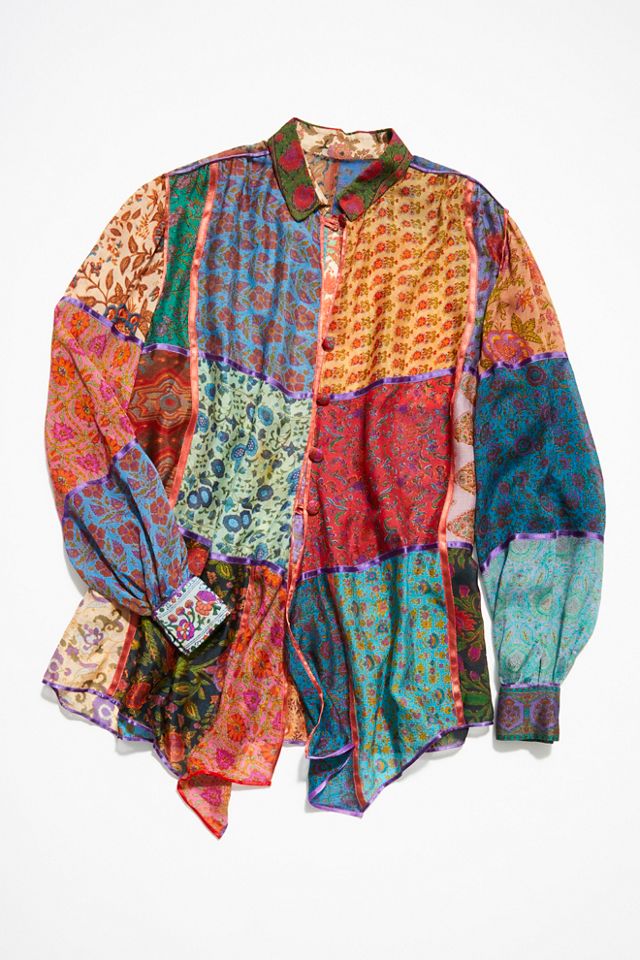 Vintage 1970s Floral Patchwork Silk Shirt