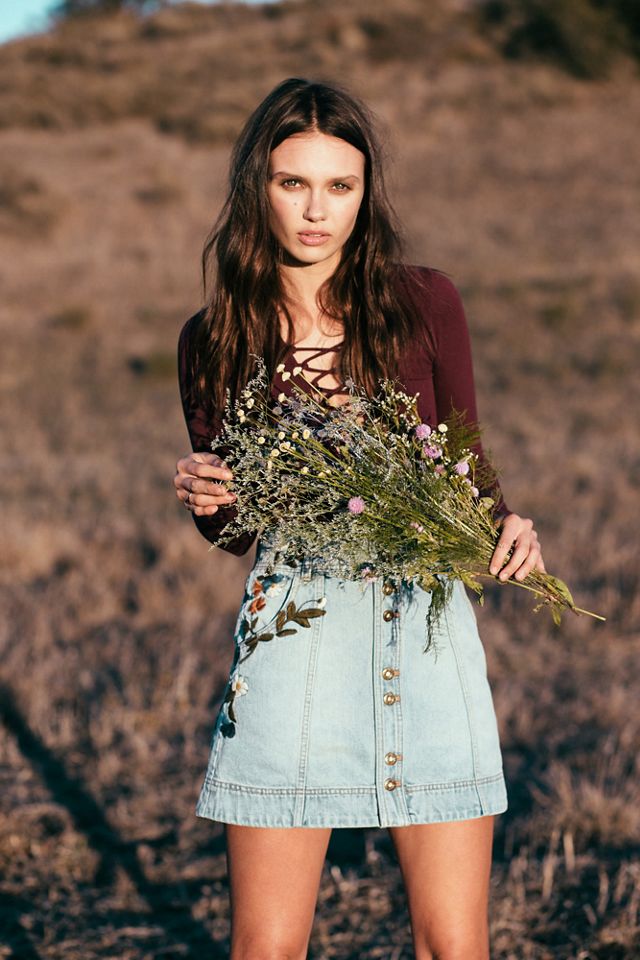 Jackson Embroidered Denim Skirt Free People