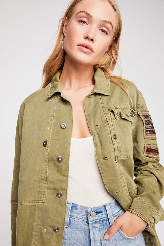 Free People Naomi Jacket Military Band Collar Olive Green Red