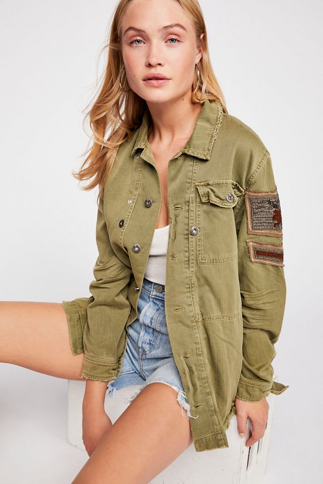 Free People Naomi Jacket Military Band Collar Olive Green Red