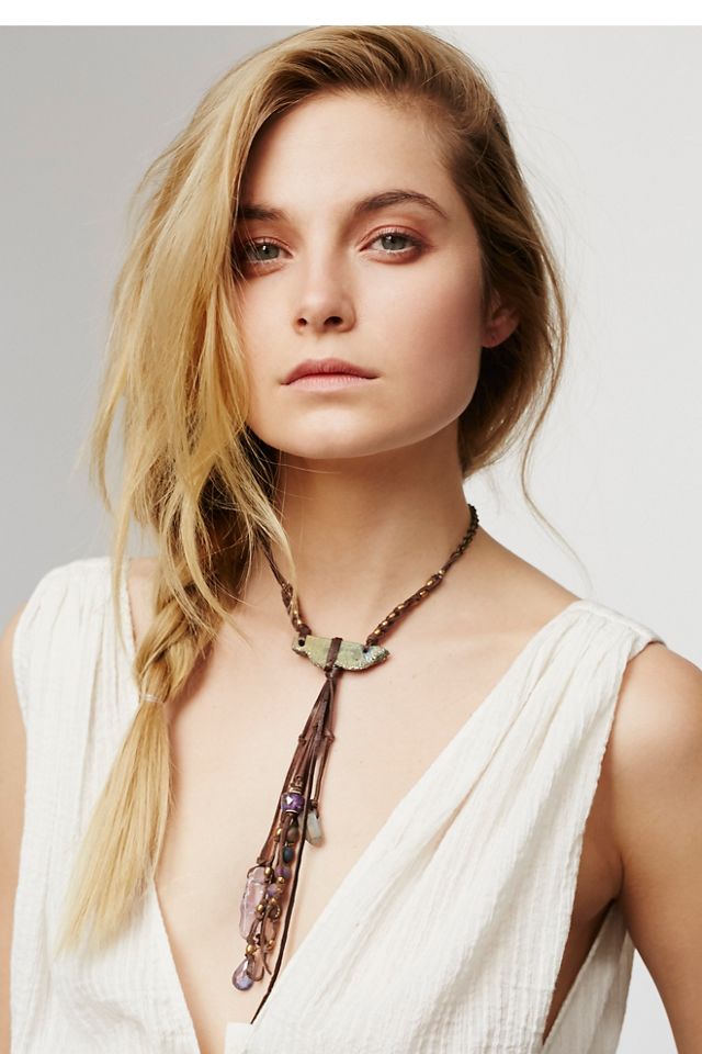Leather Fringe Druzy Slice Necklace