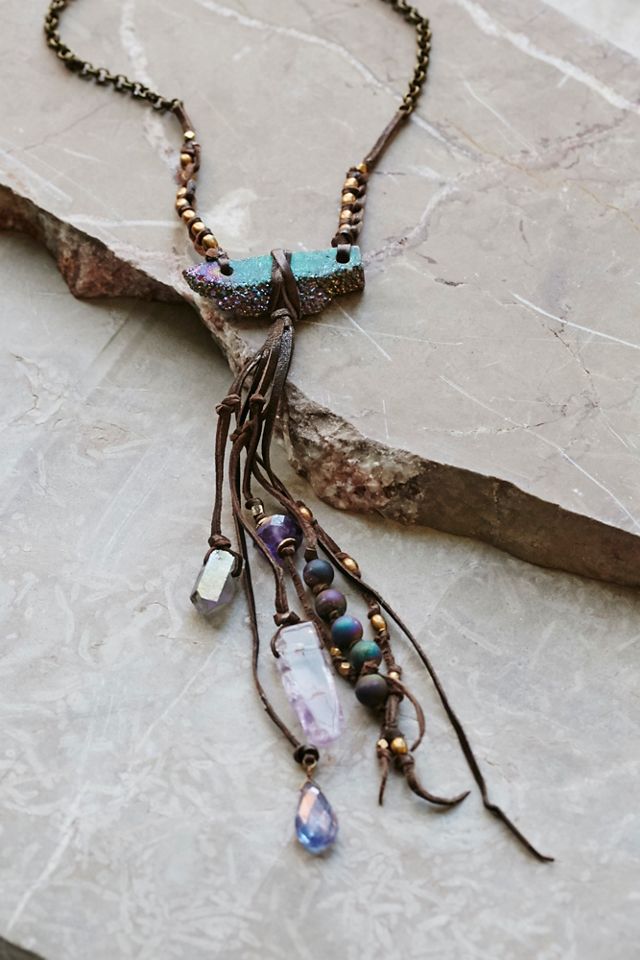 Leather Fringe Druzy Slice Necklace #1