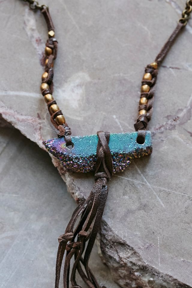 Leather Fringe Druzy Slice Necklace #3