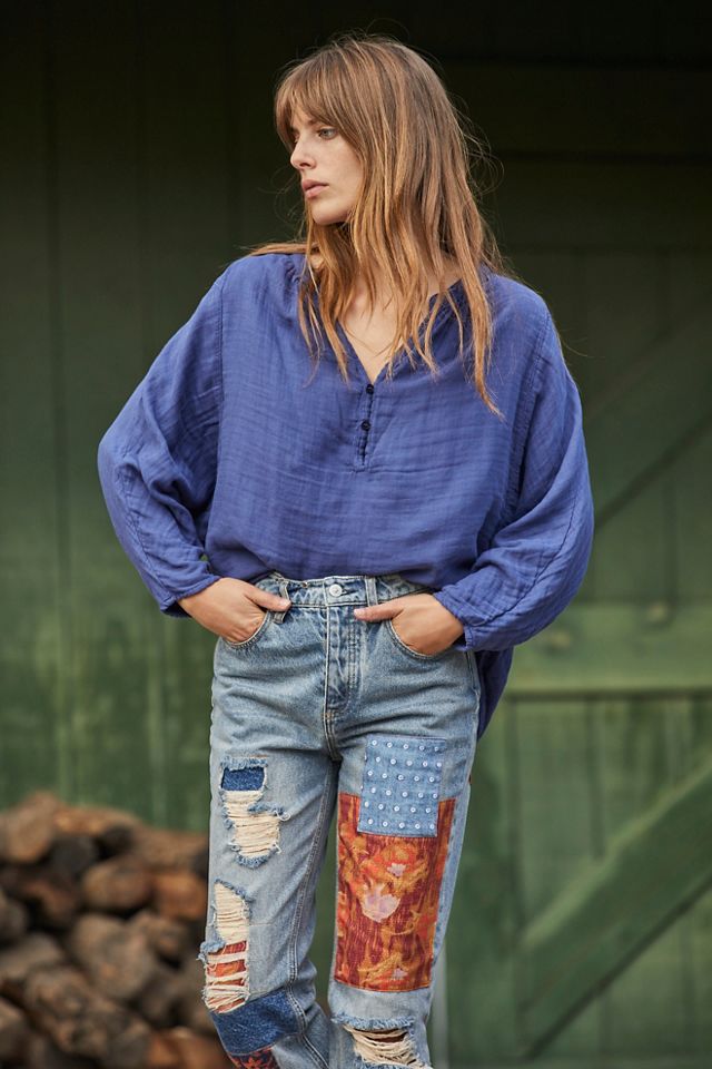 CP Shades x Free People blue solid double sold cloth wrap top