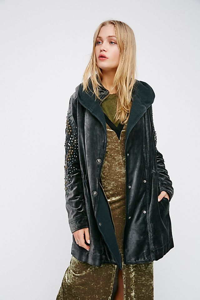 Studded Velvet Hooded Work Jacket- Studded Velvet Hooded Work Jacket-