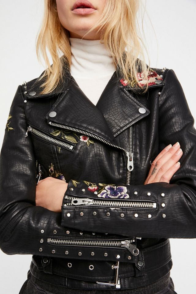 Faux Leather Embroidered Moto Jacket #1