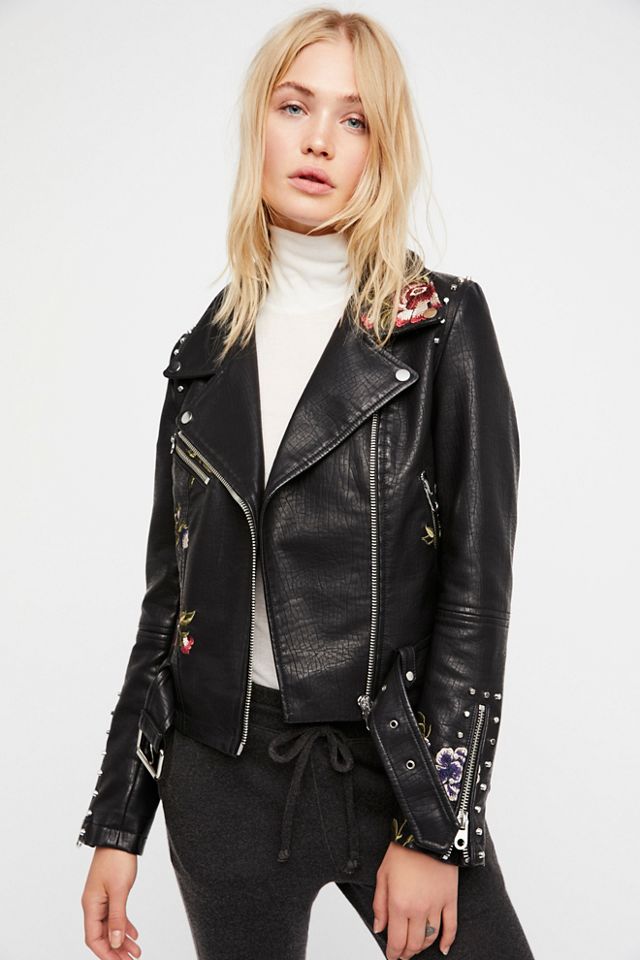 Faux Leather Embroidered Moto Jacket #2
