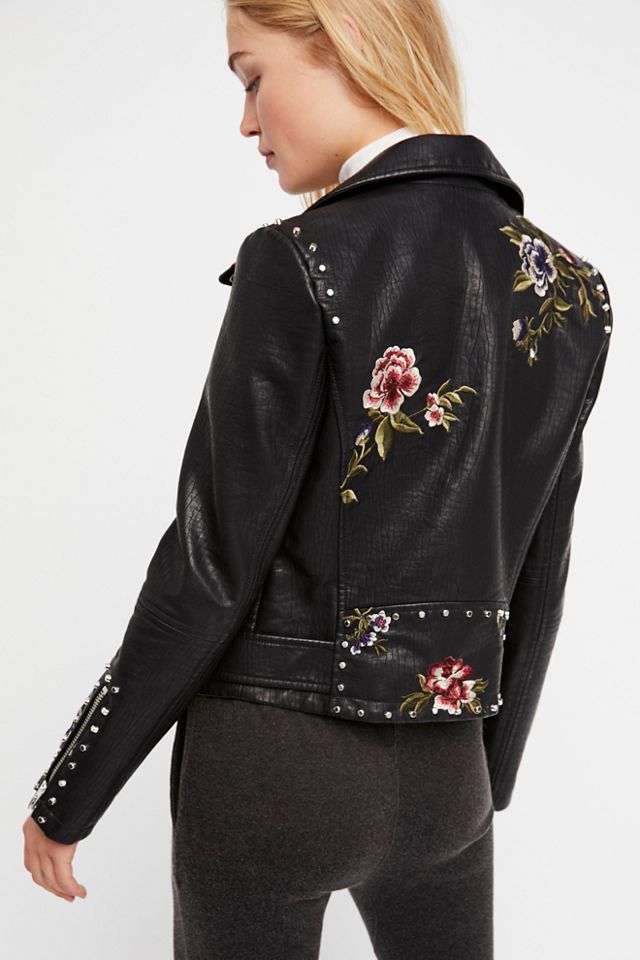 Faux Leather Embroidered Moto Jacket #3