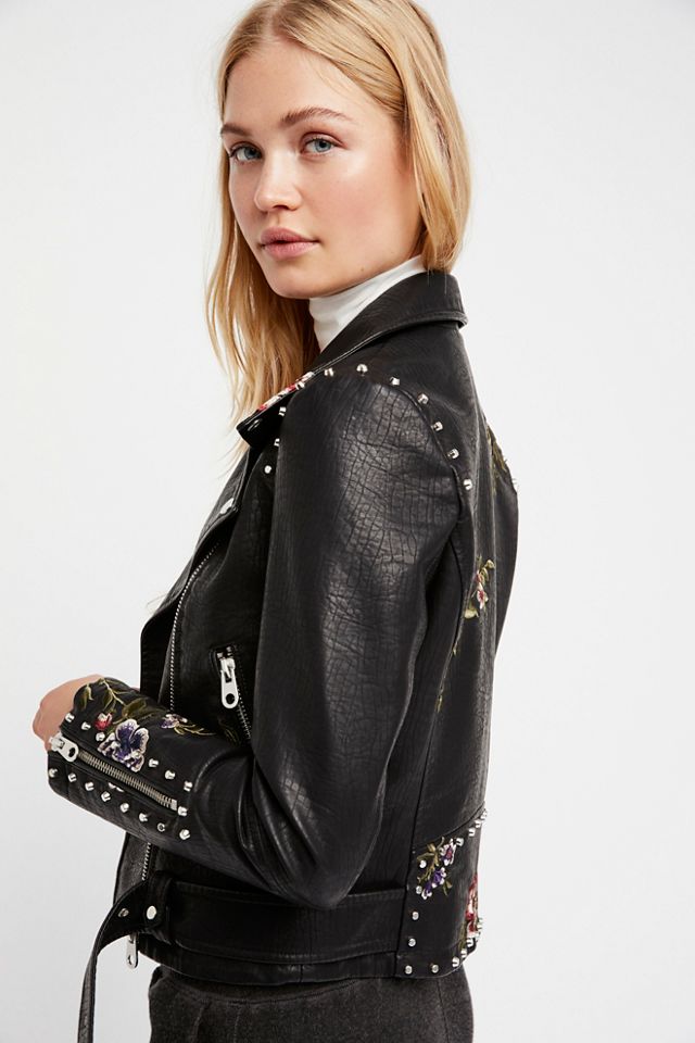 Faux Leather Embroidered Moto Jacket #4