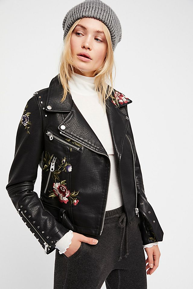 Faux Leather Embroidered Moto Jacket | Free People