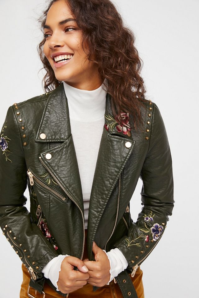 Faux leather outlet embroidered jacket