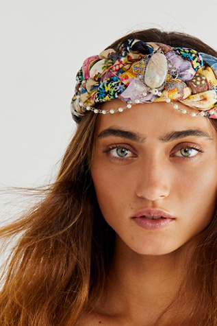 Free People X Curried Myrrh Aberdeen Soft Headband in White & Blue Curried Myrrh x Free People SADIE headband, pearls in a new  main image 2