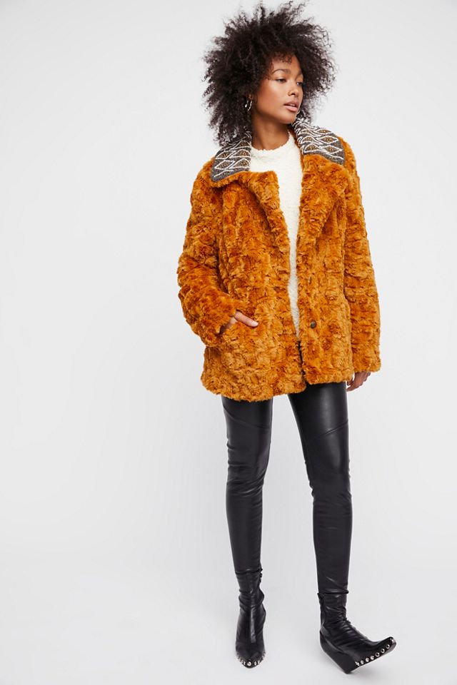 Embroidered Faux Fur Coat