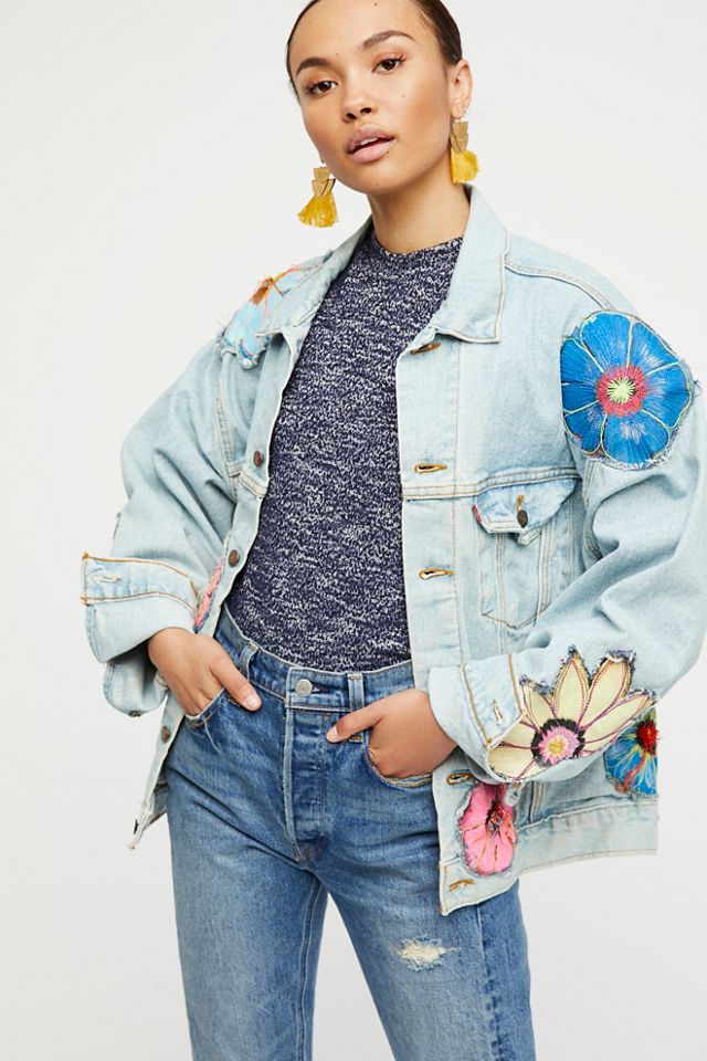 Free people clearance floral denim jacket