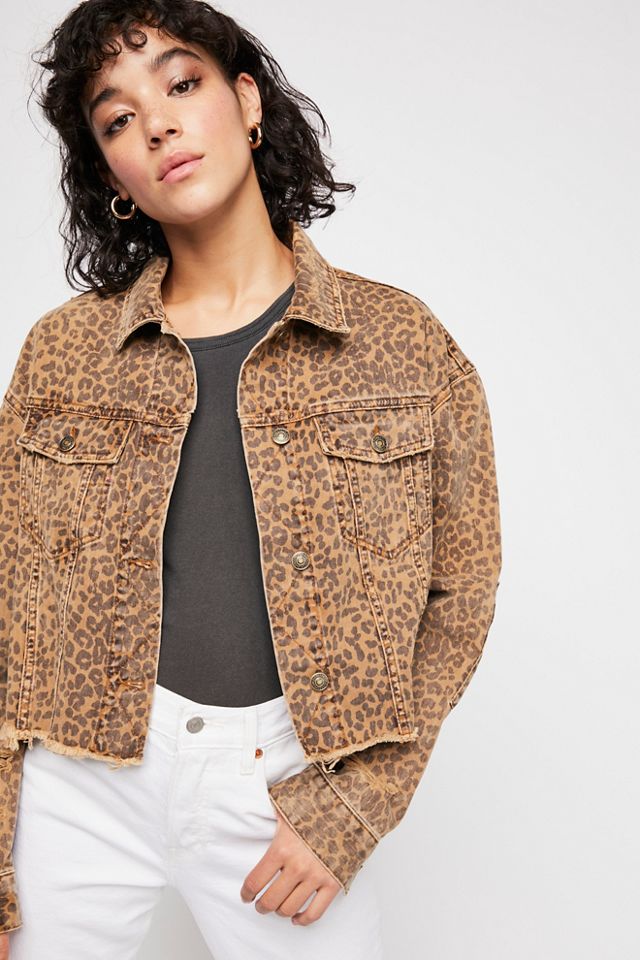 Leopard print 2025 cropped denim jacket