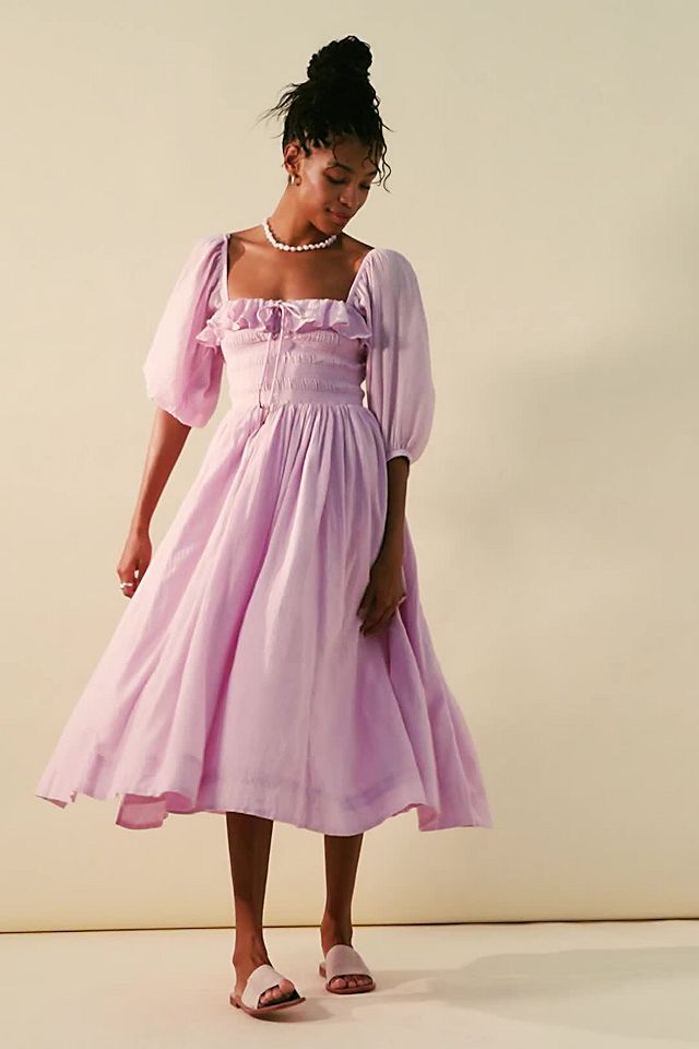 free people dress purple Lila Mini length dress with a smocked bodice and volume sleeves Free People Extratropical Maxi Dress