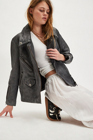 We The Free Jealousy Leather Moto Jacket At Free People In Charcoal Grey, Size: Large