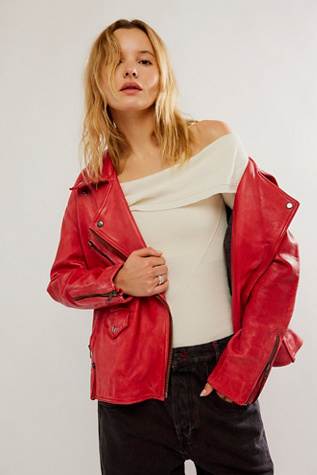 Red Pu Biker Jacket With Zips, Outerwear