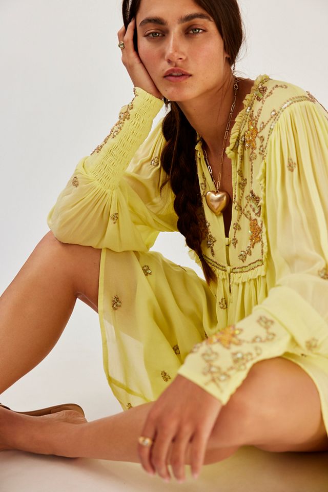 bali golden sun dress Free People Bali Golden Sun Printed Embellished Beaded Party Mini Dress XL
