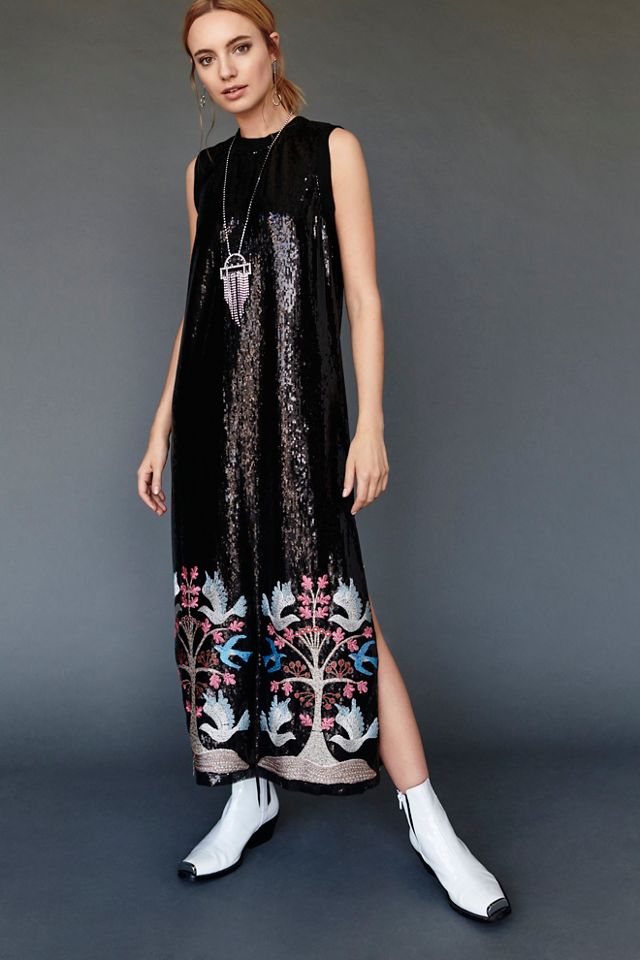 Blue Bird Sequin Embroidered Maxi Dress