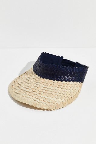 Baha Color Block Straw Visor by Lusana at Free People in Navy/White