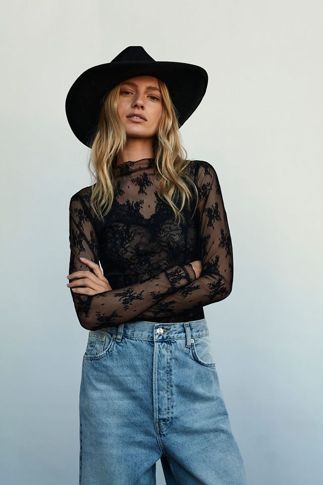 Free People Lady Lux Jacquard Sheer Mock Neck Long Sleeve Layering Top