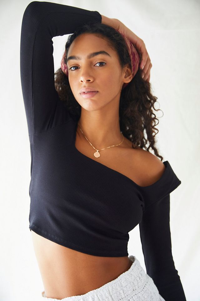 Square Neck Rib Long Sleeve Top Black