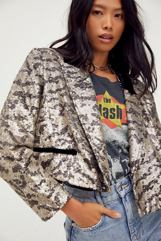 2024 Free People Cropped Sequin Jacket in Navy