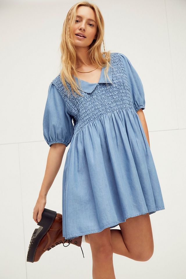 soft denim dress uk Frill Collar Denim Dress