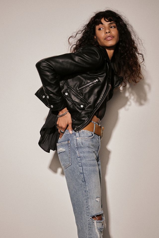 Free people leather jacket with hood sale