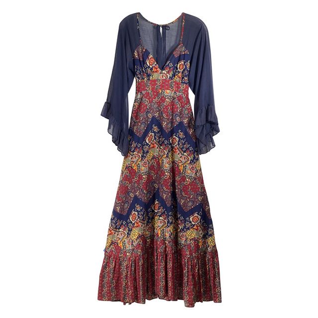 Vintage 1970s Patchwork Print Sheer Angel Sleeves Tie Back Dress ...