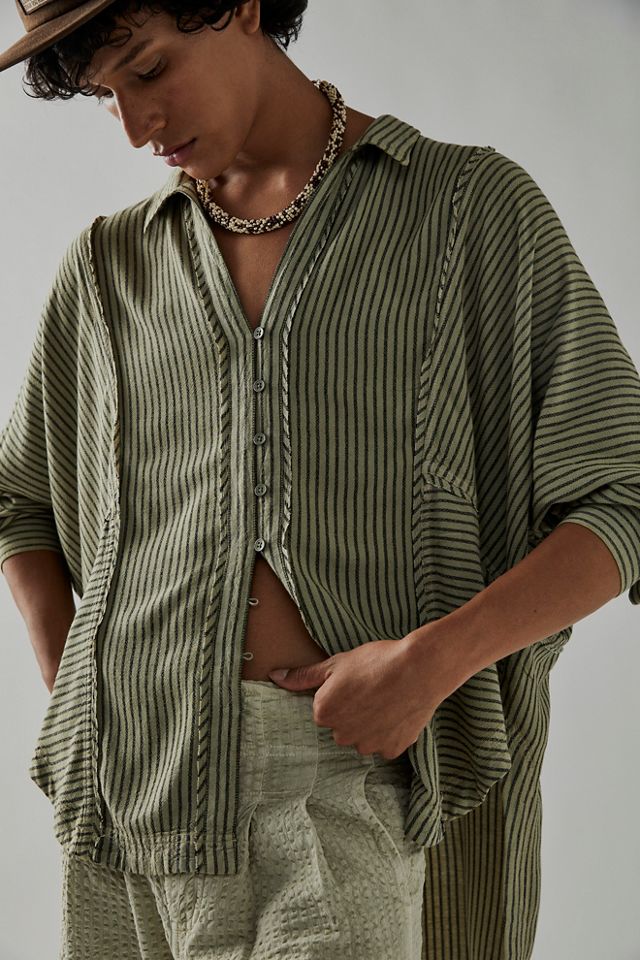 FREE PEOPLE $48 Womens New Green Striped Short Sleeve Top XL B+B