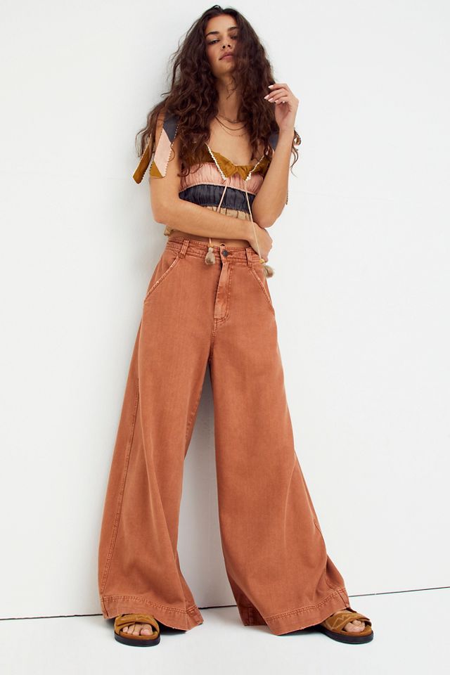 Free People X CP Shades Wide Leg Double Cotton Gauze Pants XS Plaid Brown