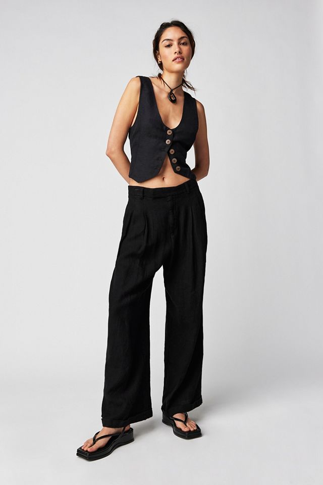 NWT FREE PEOPLE Sz 6 LYLA LINEN TROUSERS PANTS IN BLACK