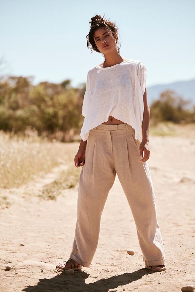 Wide Leg Linen Pants - Bluebell and Ivory Stripe