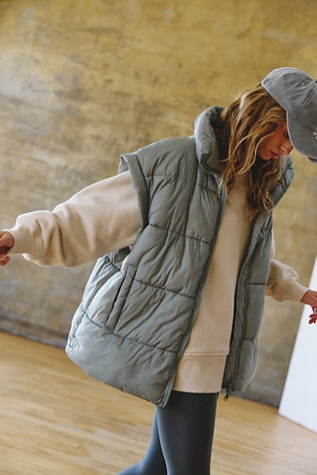 In A Bubble Puffer Waistcoat Jacket by FP Movement at Free People in Greyed Olive, Size: Large