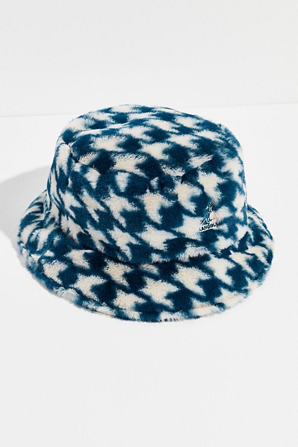 Kangol Faux Fur Bucket Hat In Blue Houndstooth