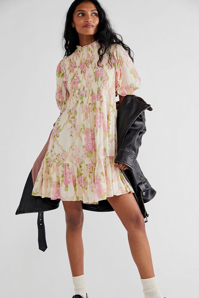 knee length dresses for ladies Garden Affair Puff Sleeve Mini Dress Black/Dusty Rose / L