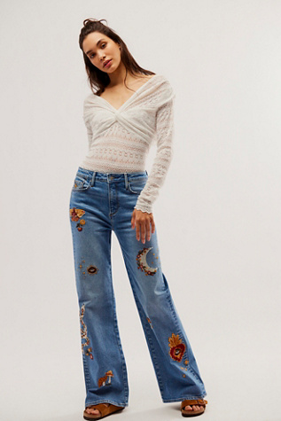 New Free People Driftwood Ollie Embroidered Wide-Leg Jeans Size 31 Blue store