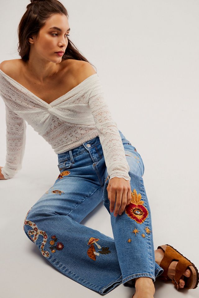 New Free People Driftwood Ollie Embroidered Wide-Leg Jeans Size 2024 31 Blue