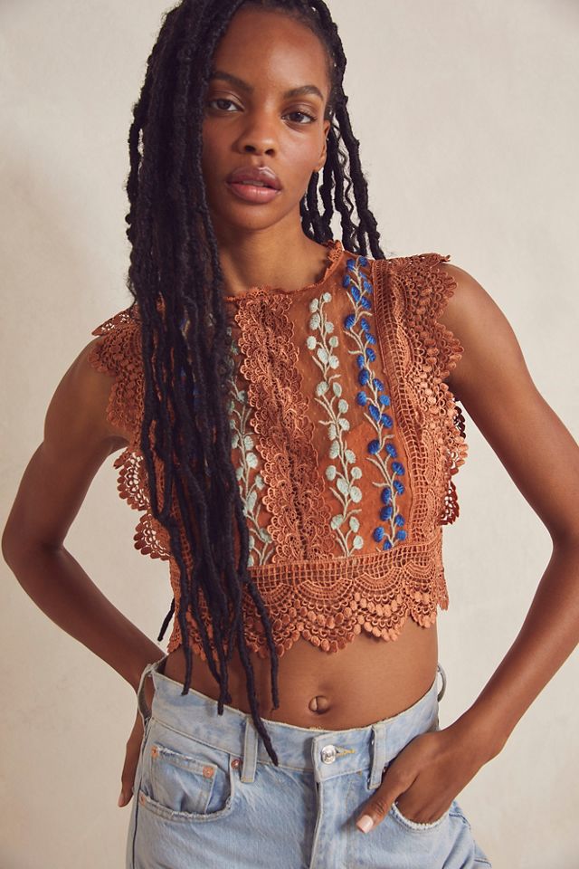 Embroidered mesh cheap crop top