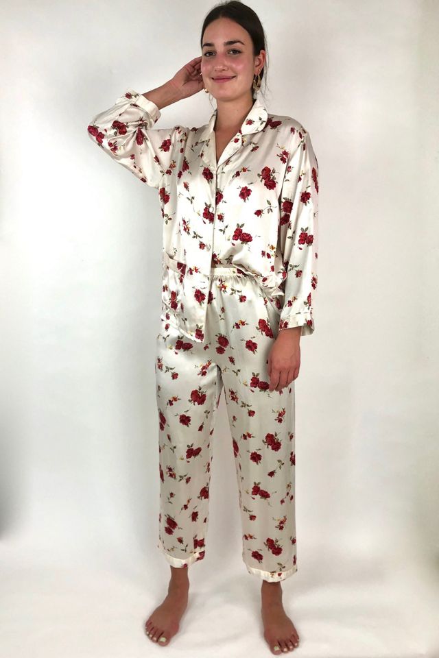 Cream and Red Floral Preloved Silk Pajama Set Selected by Picky Jane