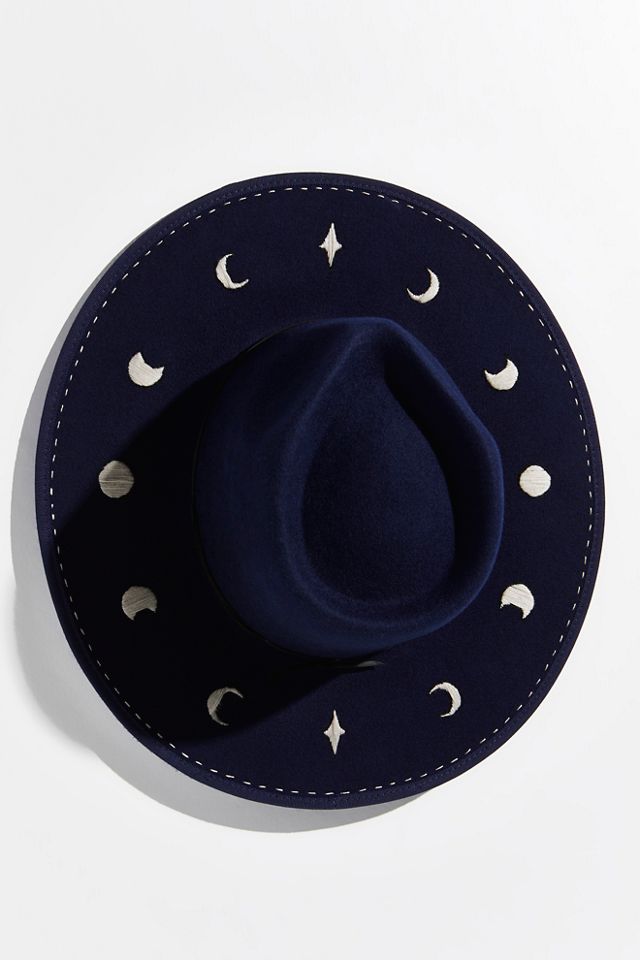 DIANA DAWN Free People Celestial Moon Phase Embroidered Wide Brim Fedora Hat OS Crescent Moon & Stars – Diana Dawn main image 2