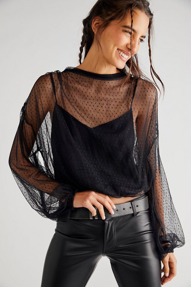 Free People Black Mesh Sleeve Long Sleeve Shirt