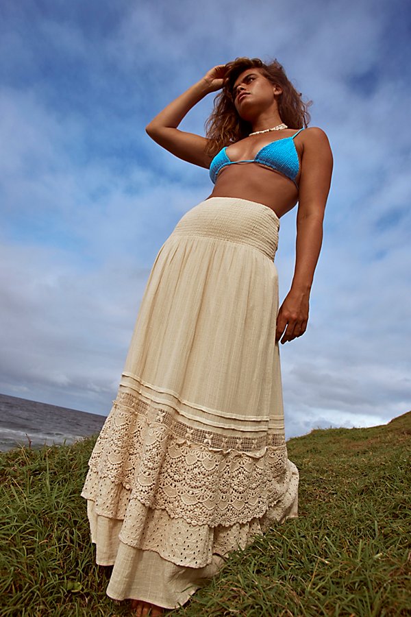Free People OB52500 Neutral Combo Abstract Pebble Fate Side Slit Maxi Skirt $128