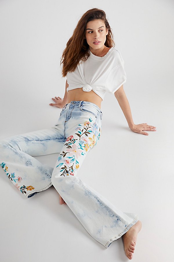 Driftwood Free People X  Farrah Embroidered Flare Jeans In Hopscotch