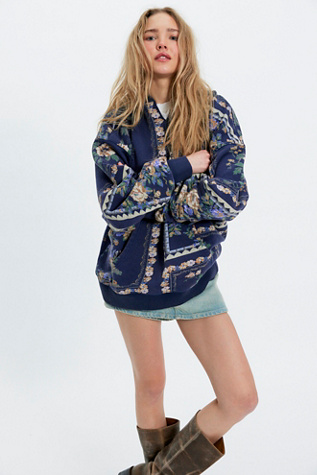 We The Free It's A Vibe Printed V-Neck Jersey Hoodie at Free People in Blue, Size: S
