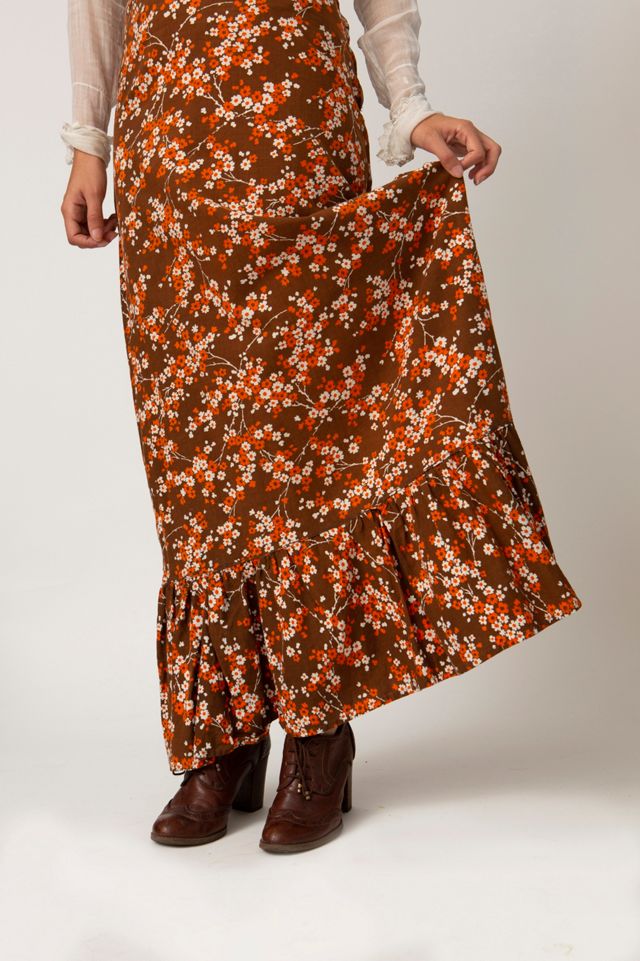 1970s Floral Orange and Brown Ruffle Prairie Skirt Selected by